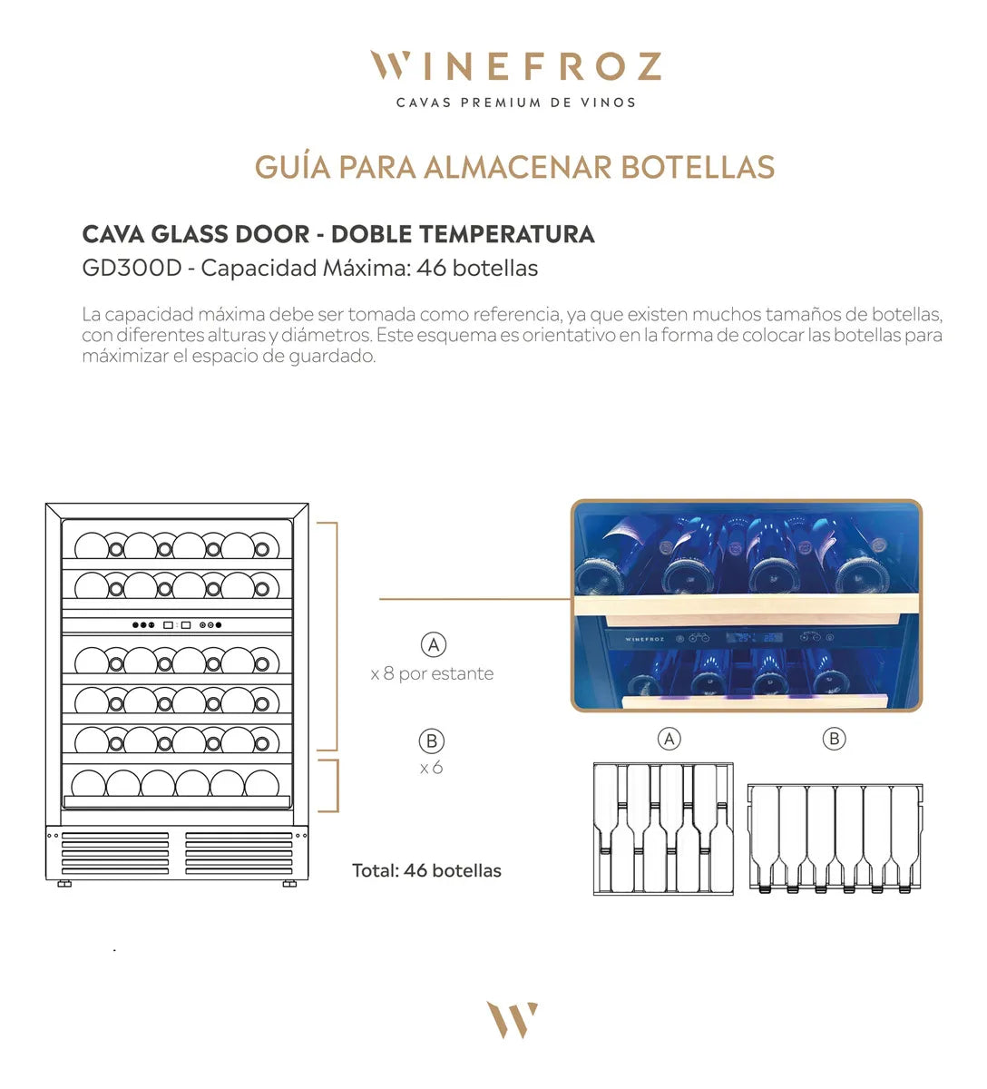 Cava Vinos Winefroz Doble Temperatura Puerta Vidrio 46 Bot GD300D