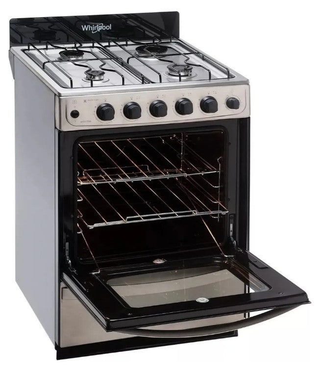 Cocina Whirlpool WFX57DW multigas 4 hornallas inoxidable 220V puerta con visor 60L