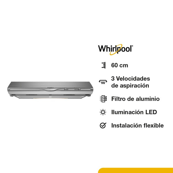 Purificador Whirlpool Inoxidable 60 cm WAT61AFDWA Con Salida al Exterior