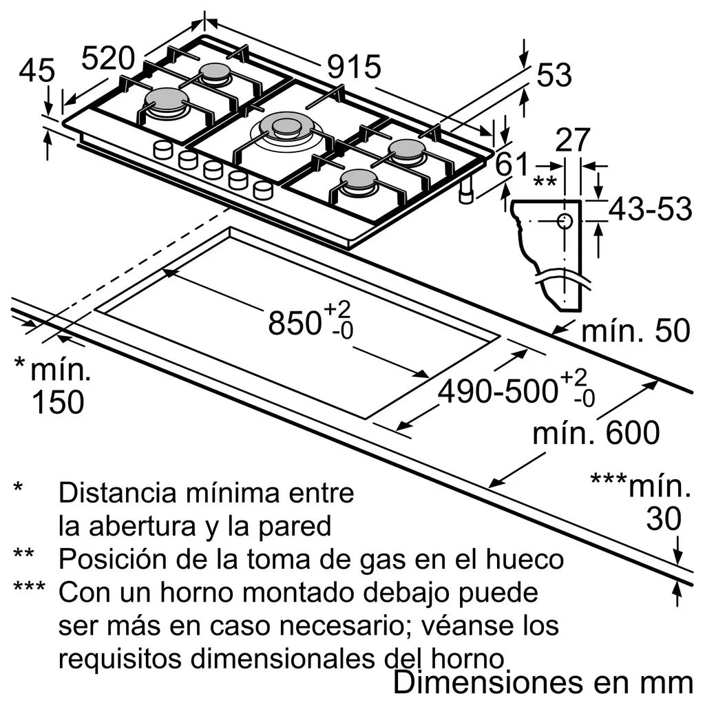 Anafe a Gas Bosch Serie 6 PCR9A5I90 90 cm 5 Hornallas Acero Inoxidable