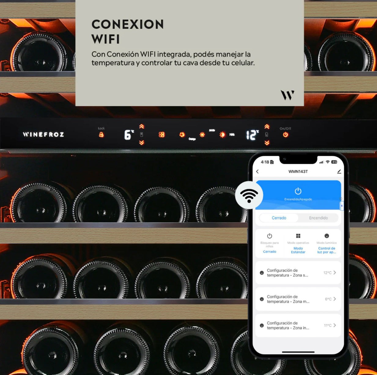 CAVA WINEFROZ WIFI LUXURY EDITION ACERO INOXIDABLE NEGRO PARA 119 BOTELLAS TRIPLE TEMPERATURA WMN143TBLACKINOX