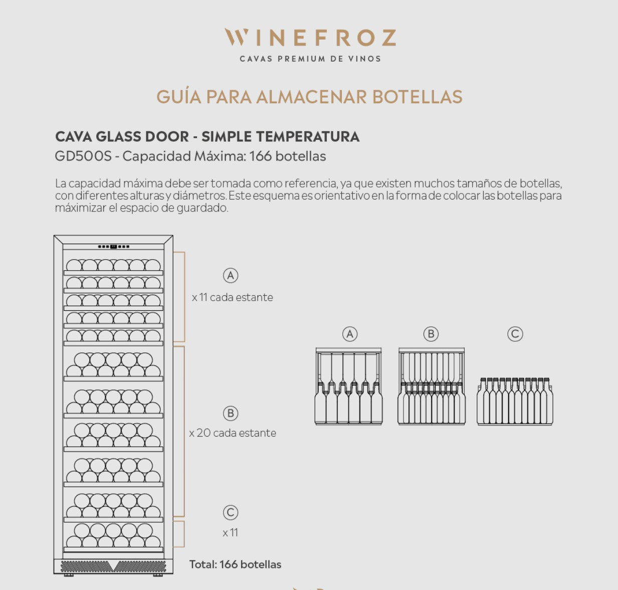 CAVA VINOS WINEFROZ GLASS DOOR EDITION PARA 166 BOTELLAS - SIMPLE TEMPERATURA