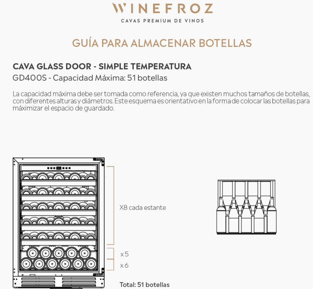 CAVA WINEFROZ GLASS DOOR EDITION PARA 56 BOTELLAS - SIMPLE TEMPERATURA