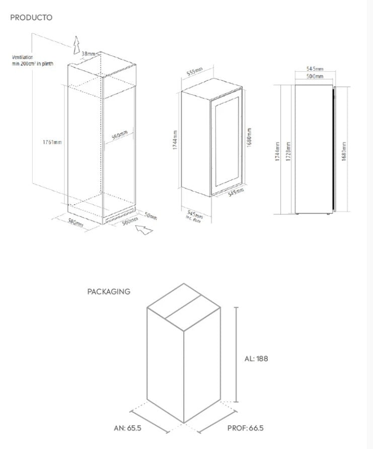 CAVA WINEFROZ PANELABLE PARA 71 BOTELLAS - EMPOTRABLE / APOYO - TRIPLE TEMPERATURA
