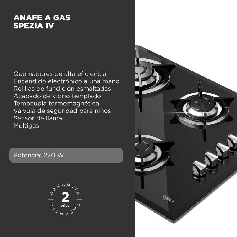 Anafe A Gas Tst Spezia 4 Hornallas Vidrio Negro Negro 22-4