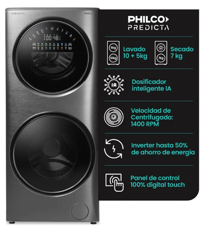 Torre De Lavado Philco PHLFT157GT Inverter Lavasecarropas 15/7k Gris Oscuro