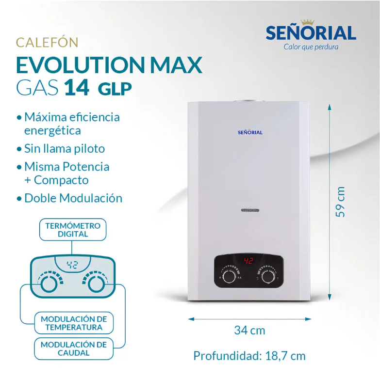 Calefón Gas Licuado GLP 14 l/min Señorial Evolution Max Blanco - 330114