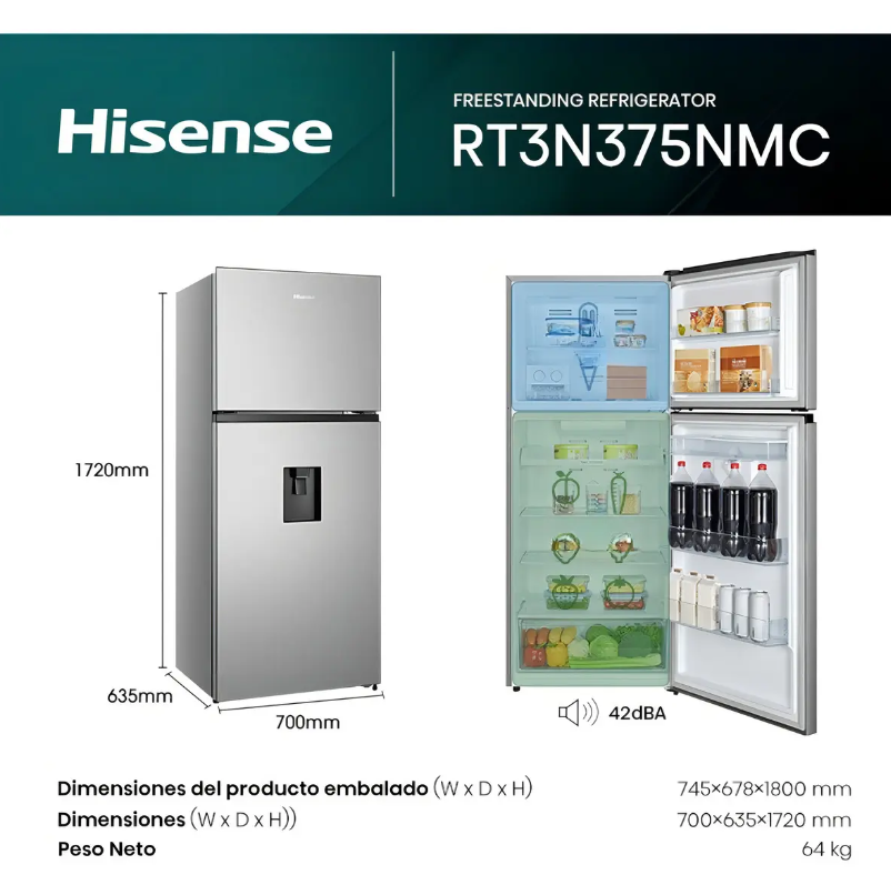 Heladera Hisense Inverter No Frost 379L Dispenser Acero Inoxidable - RT3N375NMC