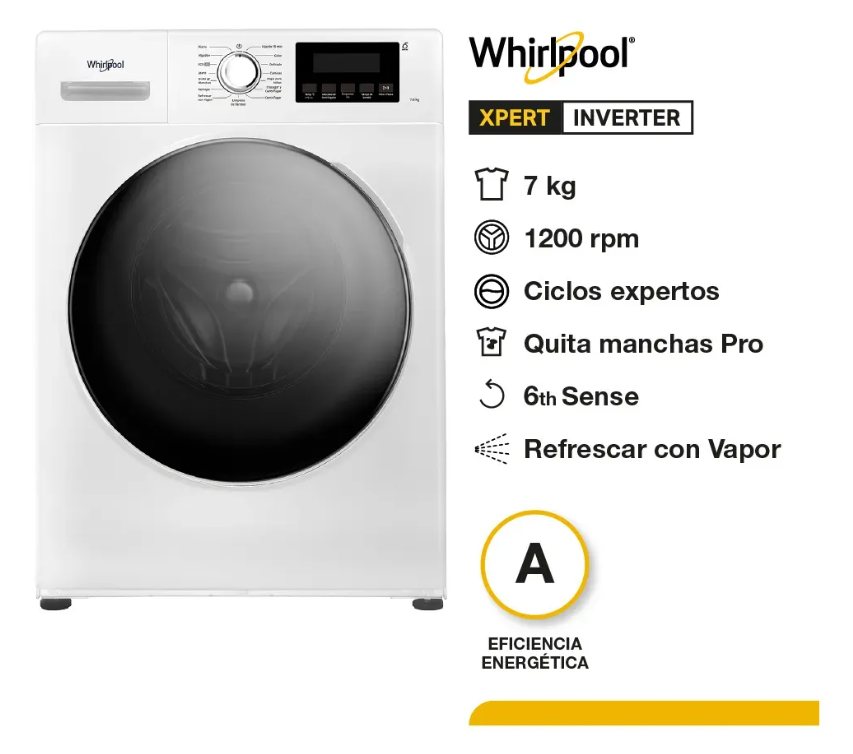 Lavarropas Whirlpool 7 Kg Inverter Carga Frontal 1200 RPM - WNQ07AB