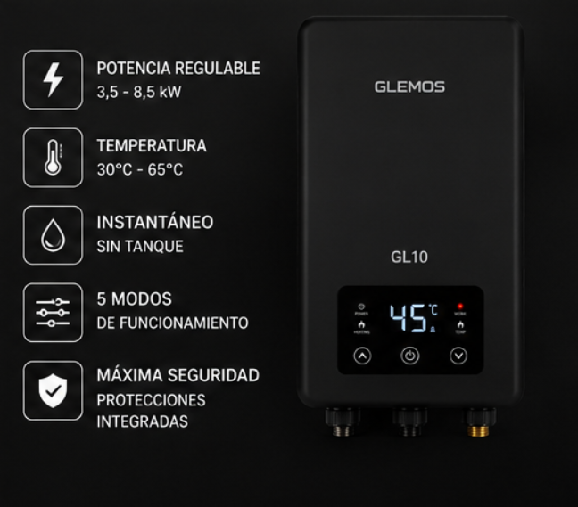 Calefón Eléctrico Instantáneo GLEMOS GL10 Negro GLEM002