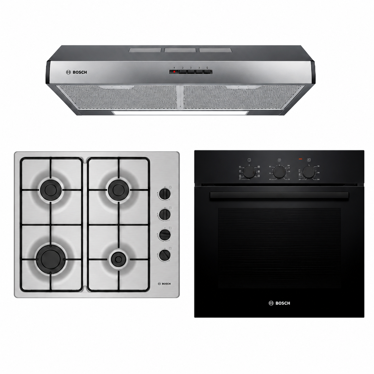 Combo empotrable Bosch Horno electrico + Anafe Gas + Campana Integrable 60 cm