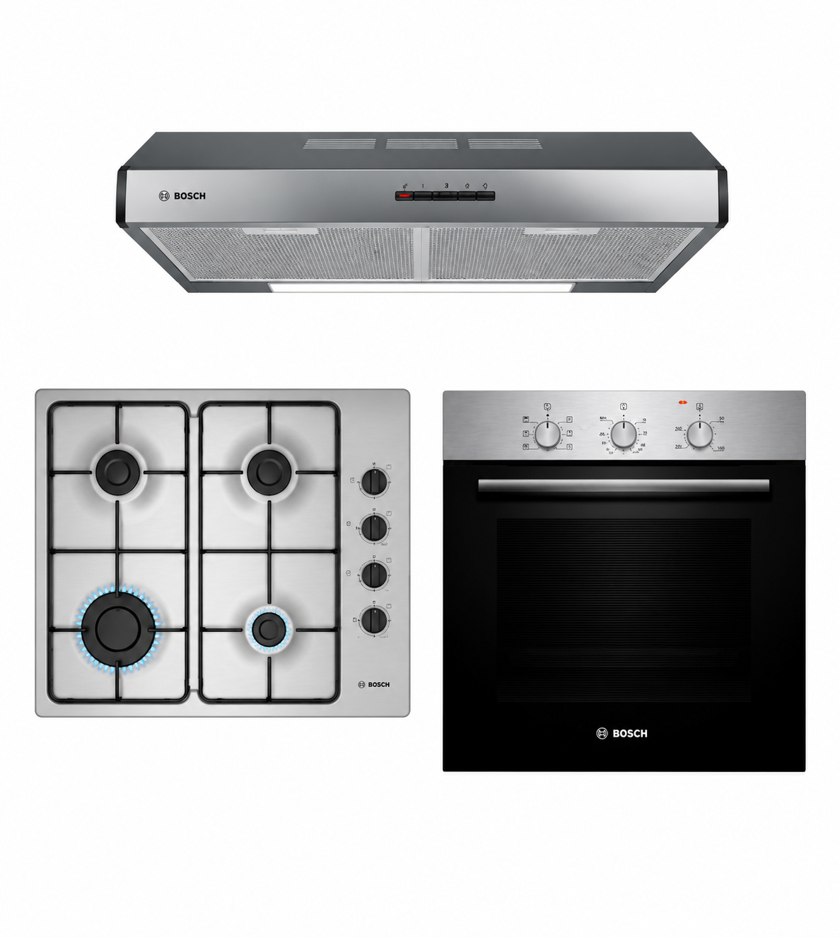 Combo empotrable Bosch Horno Acero + Anafe Gas + Campana Integrable 60 cm