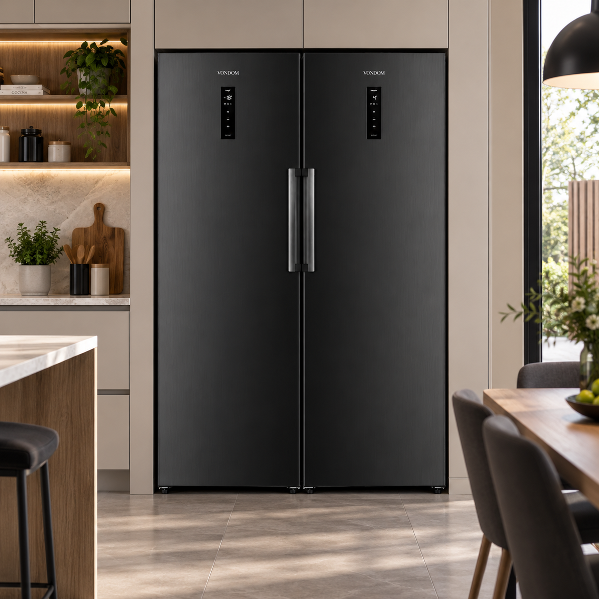 Combo Side by Side Vondom Heladera + Freezer Inverter No Frost 695 Litros Blackinox HEL388BLACKINOX + FR307BLACKINOX