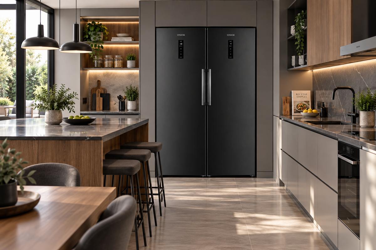 Combo Side by Side Vondom Heladera + Freezer Inverter No Frost 695 Litros Blackinox HEL388BLACKINOX + FR307BLACKINOX