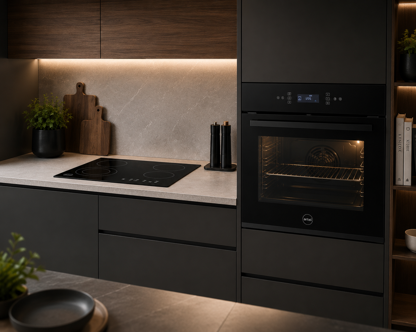 Combo Artei Niro Pirolítico Touch 67L + Anafe Vitrocerámico 4 Zonas Negro