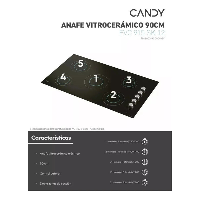 Anafe Vitroceramico Candy 90cm Evc915sk Empotrable 5 Zonas