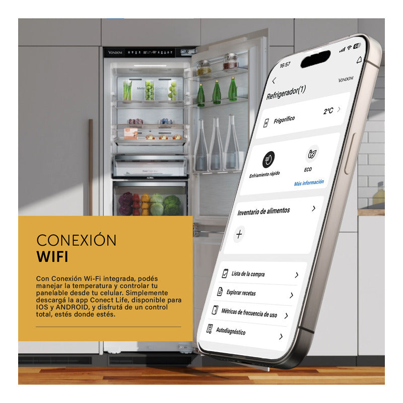 Heladera Combi Panelable Vondom Wifi Inverter No Frost - 250 L