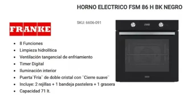 Franke Fsm 86 H Bk Color Negro Horno Eléctrico Empotrar Grill Convector
