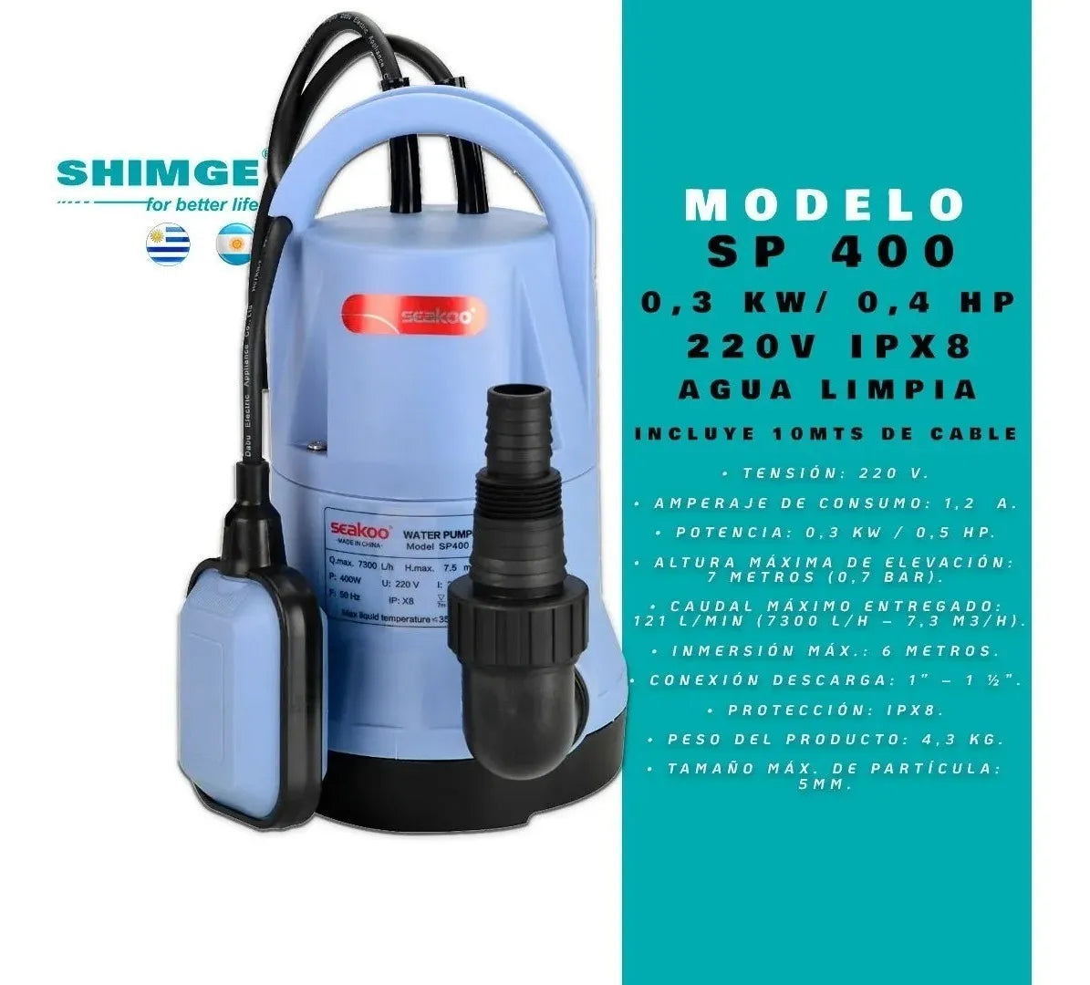 Bomba Sumergible Desagote Sp 400 0,5hp Shimge 3 Años Grtia