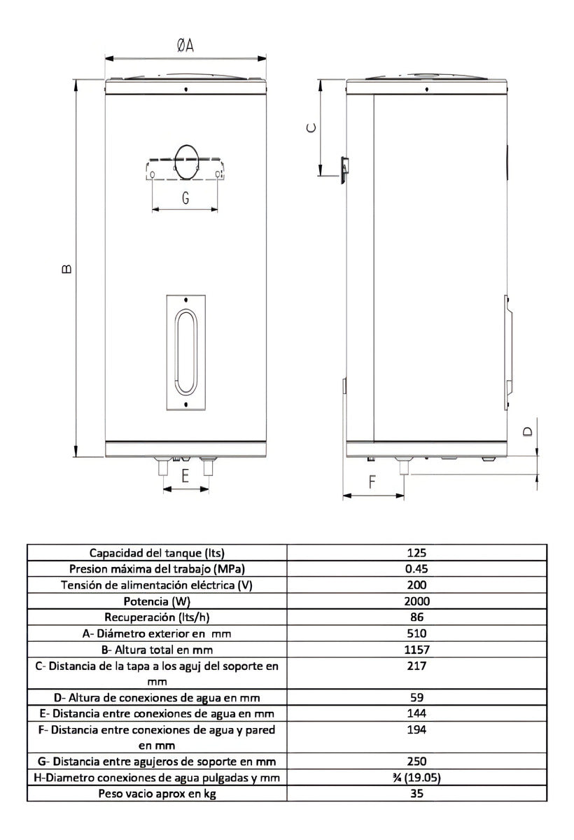 Termotanque Electrico Colgar Rheem TEC125RH 125lTS Carga Inferior