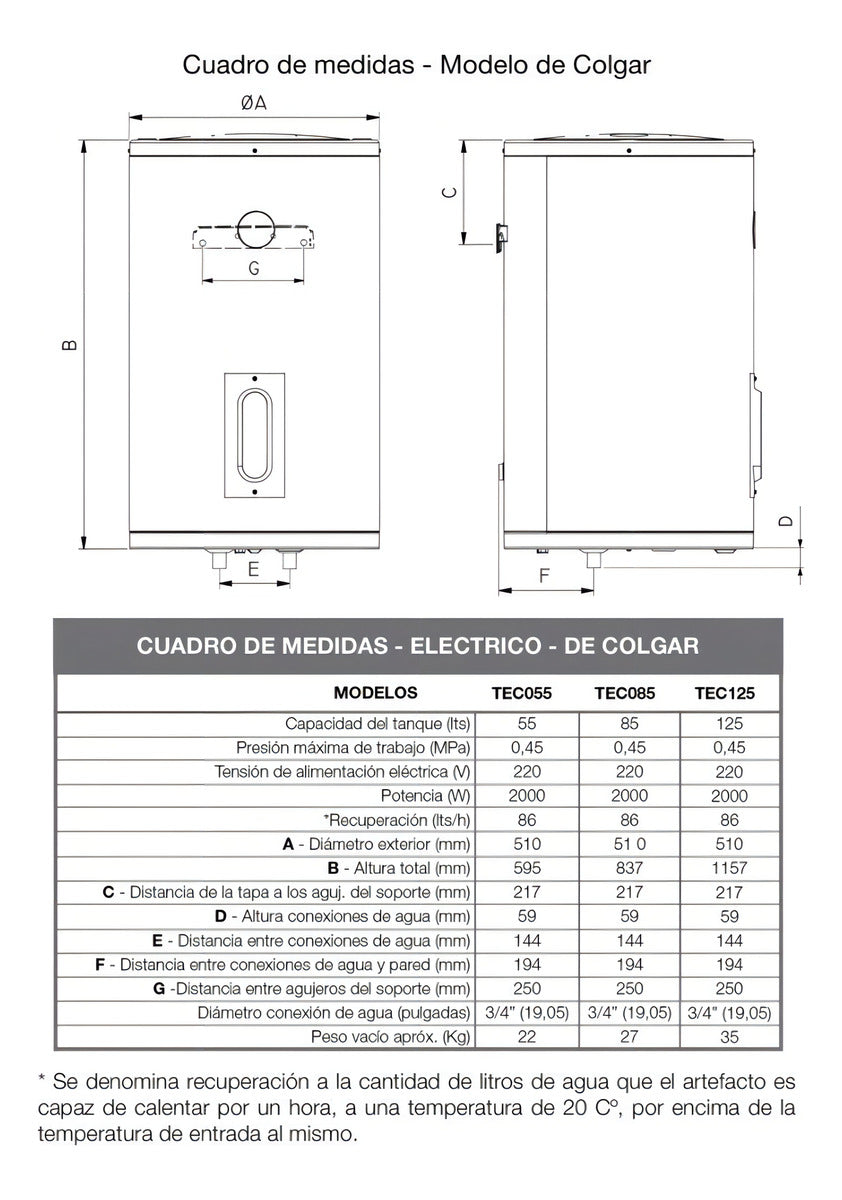 Termotanque Electrico Colgar Rheem TEC125RH 125lTS Carga Inferior