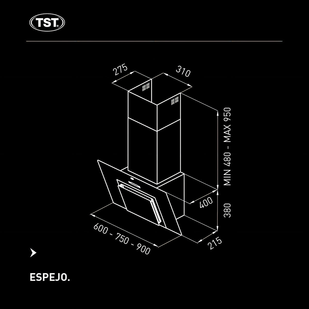 Extractor purificador de cocina TST Espejo ac. inox. de pared 75cm - 280-75