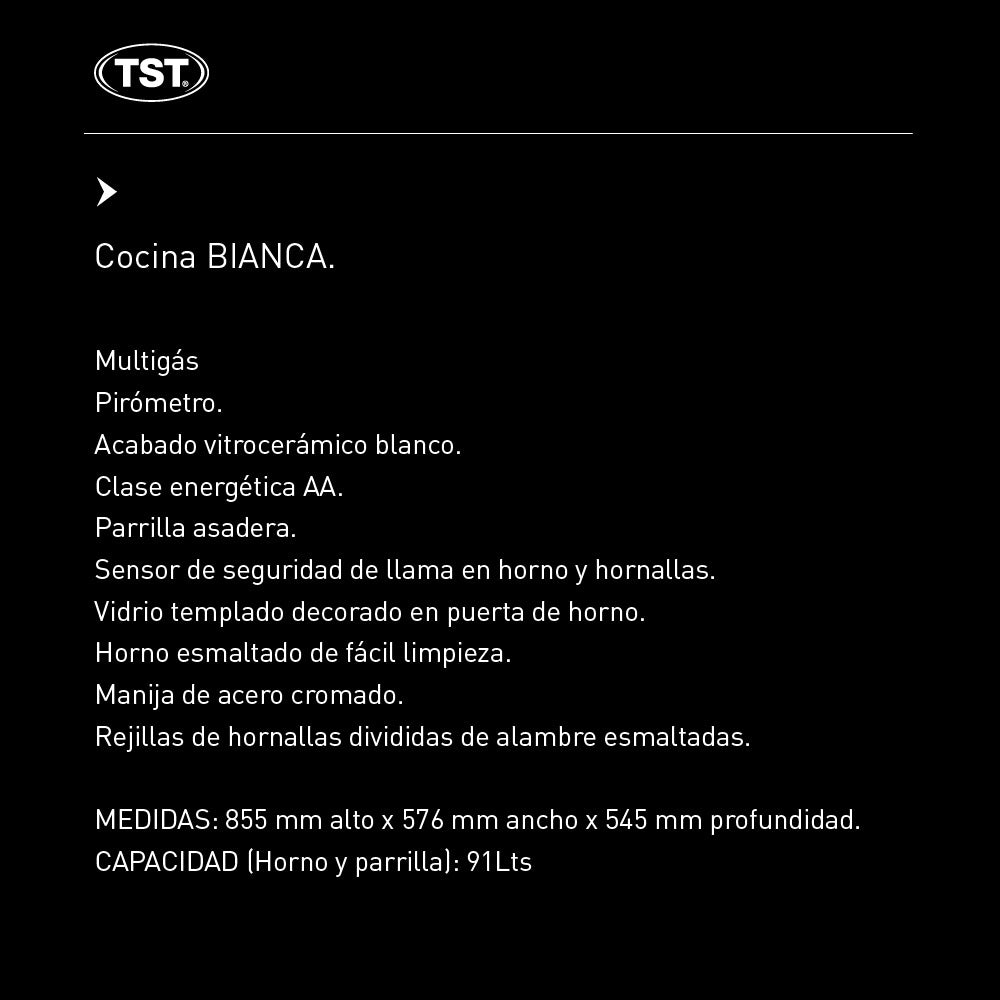 Cocina A Gas Tst Bianca 91 Lts Multigas Vitrocerámico Color Blanco 37-58