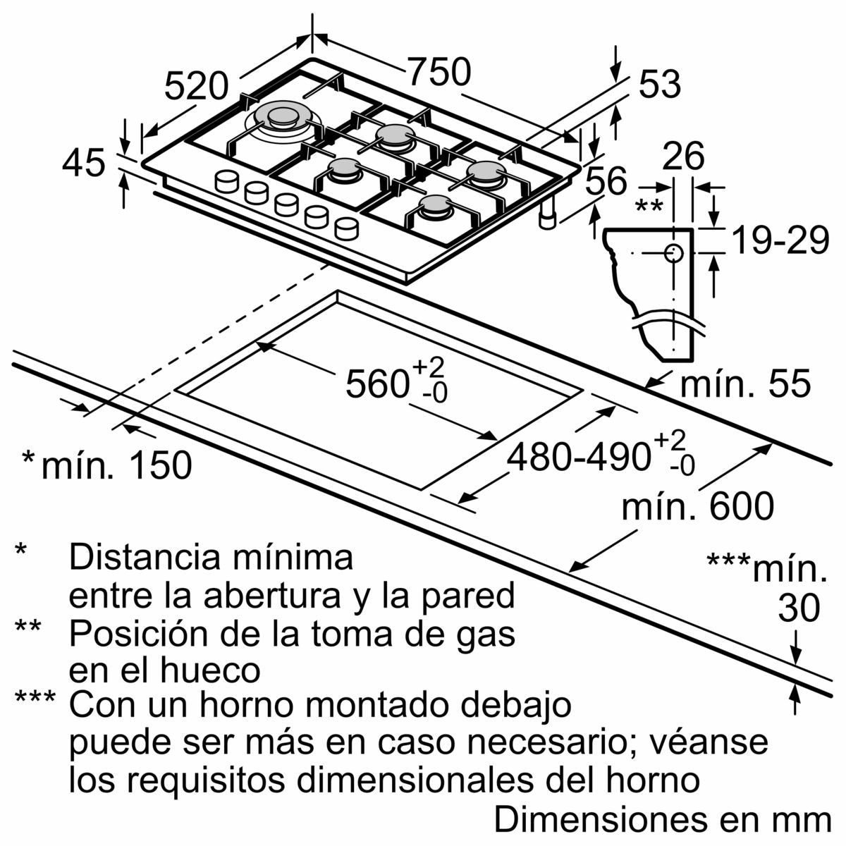 Anafe a gas Bosch 5 hornallas Serie 6 75 cm Acero PCS7A5I90