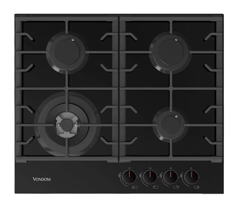 Anafe Vondom 60 cm a Gas 4 Hornallas Vidrio Templado Negro Triple Corona