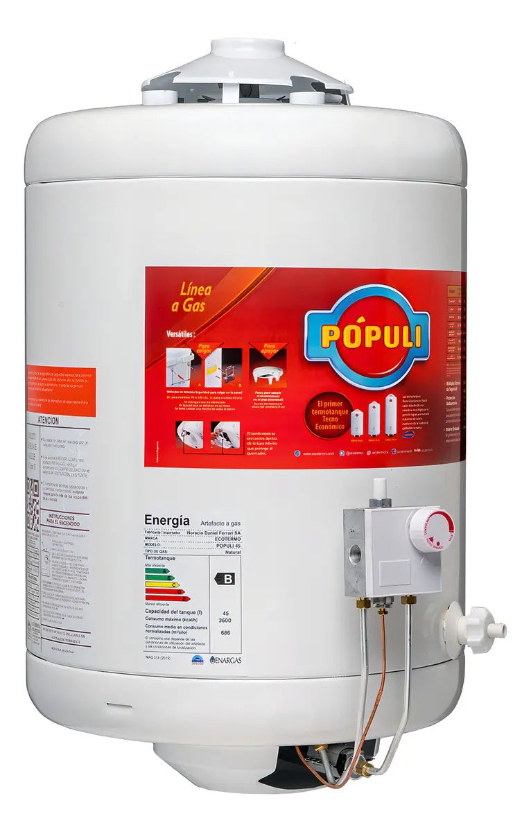 Termotanque a Gas Ecotermo Pópuli 45 Litros Blanco - TPOP8NS045