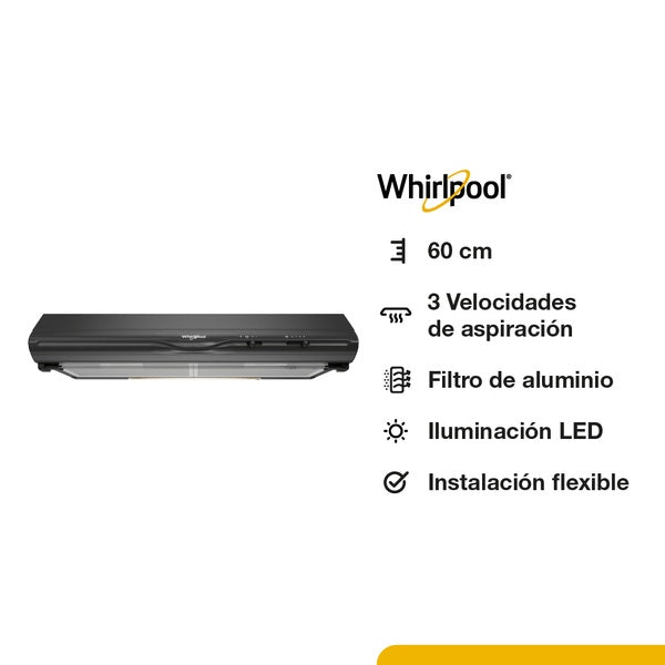 Purificador Whirlpool Negro 60 cm WAT61AE Con Salida al Exterior