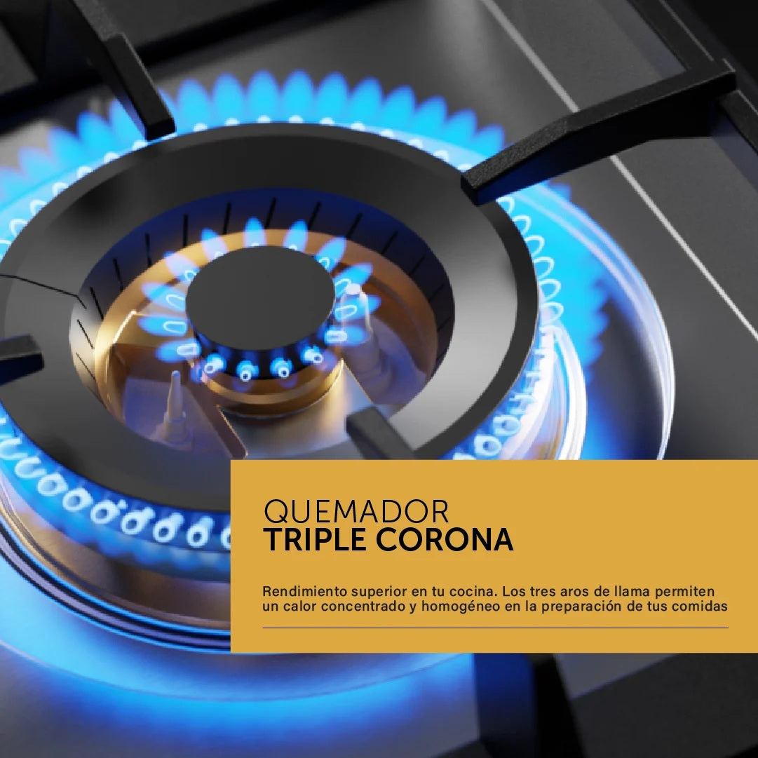 Anafe Vondom 60 cm a Gas 4 Hornallas Vidrio Templado Negro Triple Corona