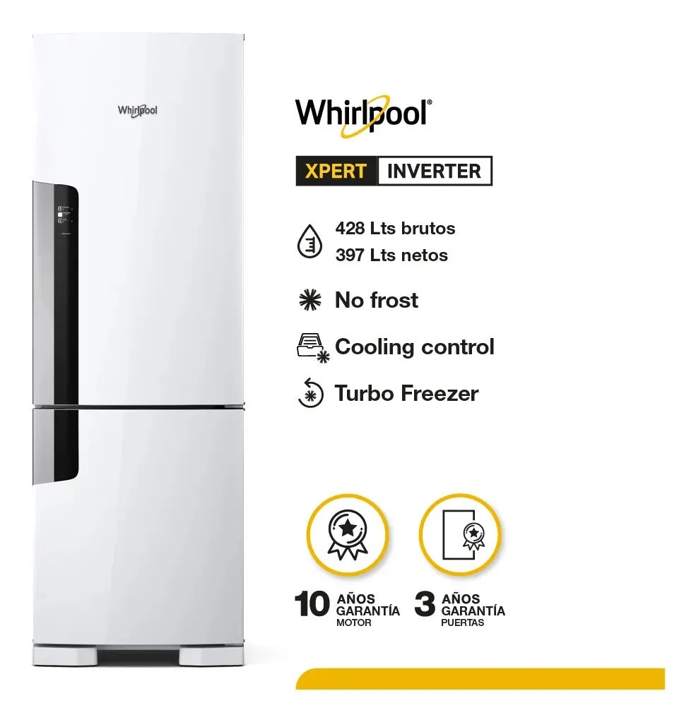 Heladera Whirlpool 397L Inverter No Frost Bottom Mount Blanca WRE44BBDIM
