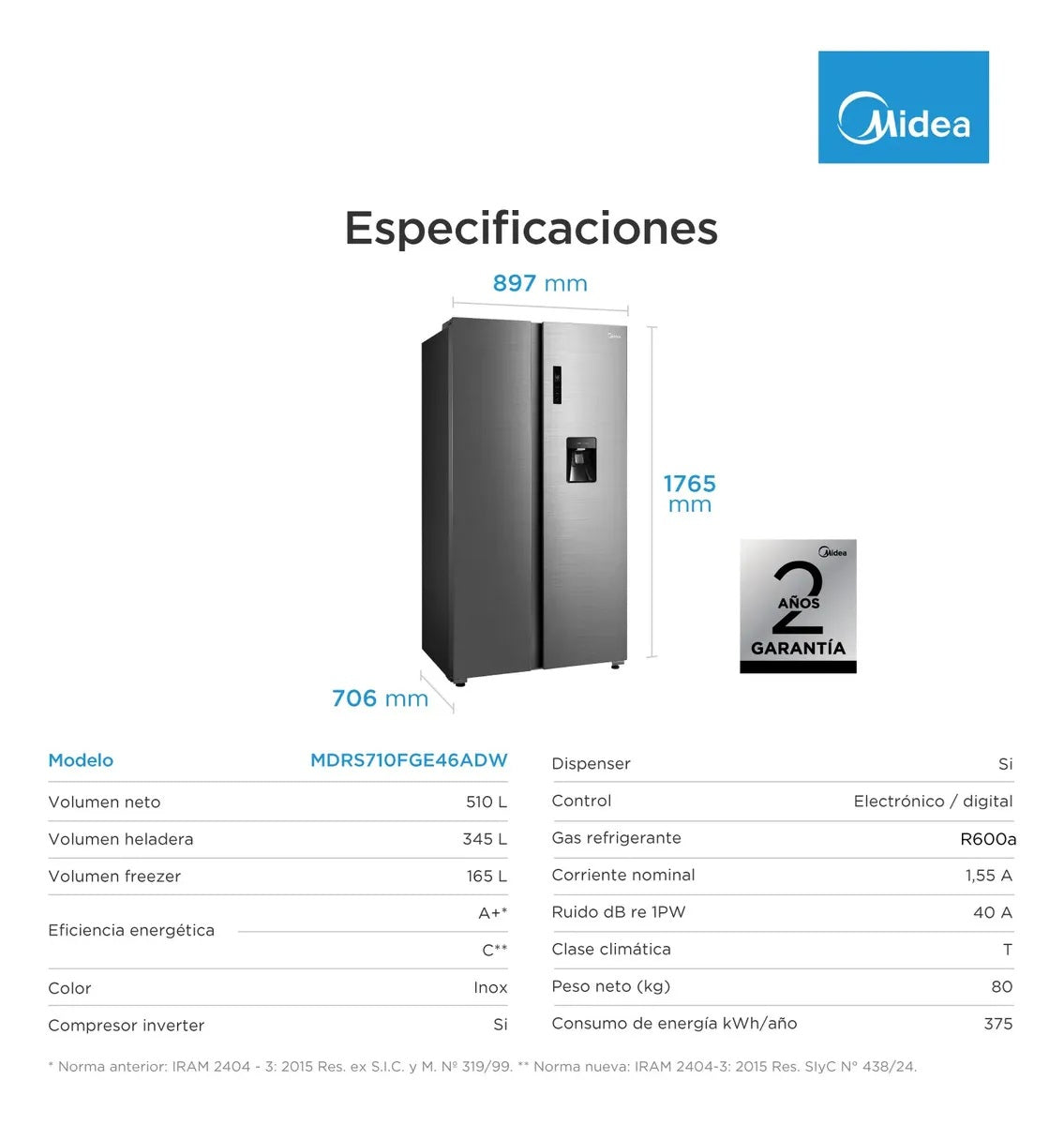 Heladera Midea Side by Side Inverter 510 Litros con Dispenser Inox MDRS710FGE46ADW