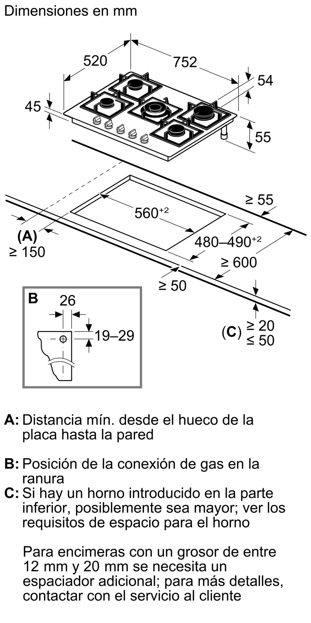 Anafe a Gas Bosch Serie 6 PPQ7A6I40 75 cm Cristal Negro 5 Quemadores
