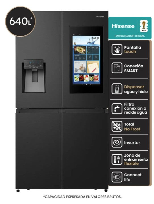Heladera 4 Puertas Hisense RQ697HB Pantalla Smart Inverter 640l Negra