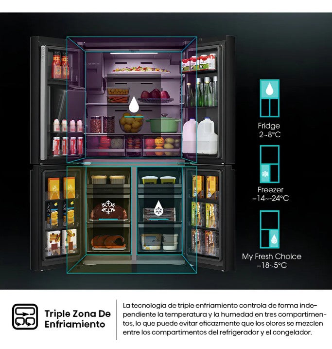 Heladera 4 Puertas Hisense RQ697HB Pantalla Smart Inverter 640l Negra