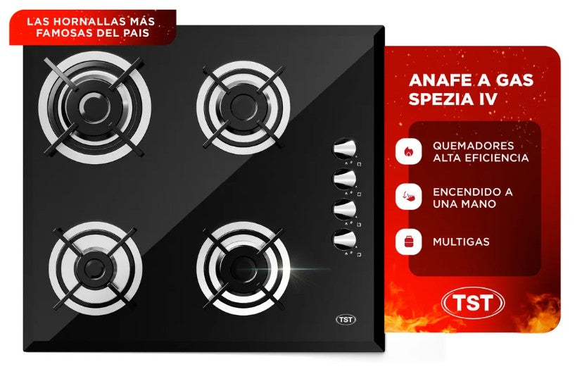 Anafe A Gas Tst Spezia 4 Hornallas Vidrio Negro Negro 22-4
