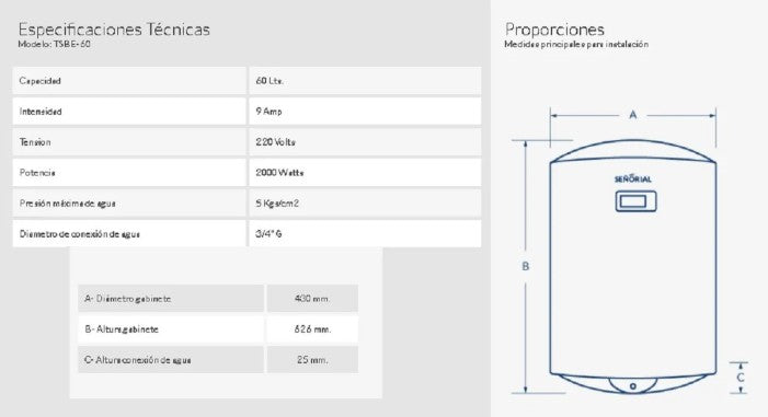 Termotanque Eléctrico Señorial Black TSBE-60 60 L 2000 W - 330093
