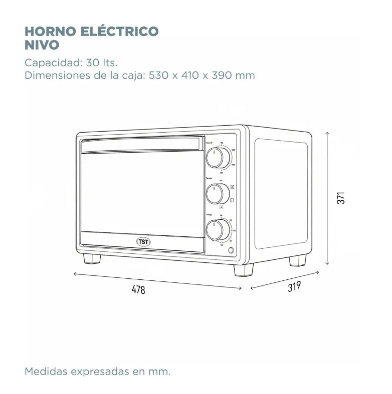 Horno Eléctrico TST Nivo 30 L Convección con Temporizador 34-30