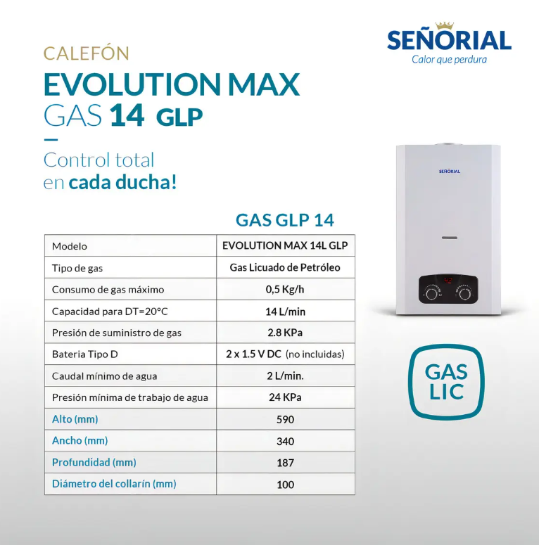 Calefón Gas Licuado GLP 14 l/min Señorial Evolution Max Blanco - 330114