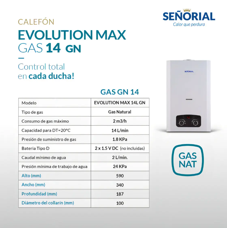 Calefón Señorial Evolution Max 14l Gas Natural Color Blanco Tipo de gas GN - 330115