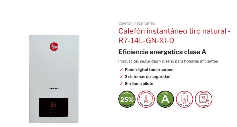 Calefón Rheem 14L Digital Tiro Natural GN Modelo R7-14L-GN-XI-D