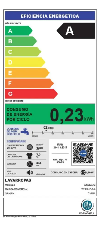 Lavarropas Whirlpool 7 Kg Inverter Titanium 1200 RPM WNQ07AS
