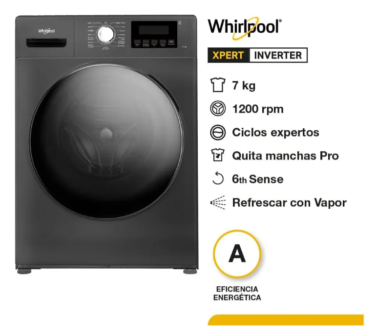 Lavarropas Whirlpool 7 Kg Inverter Titanium 1200 RPM WNQ07AS