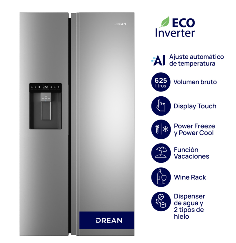 Heladera Side by Side Inverter con IA 625 L Inox Drean - DSP610IORSS0