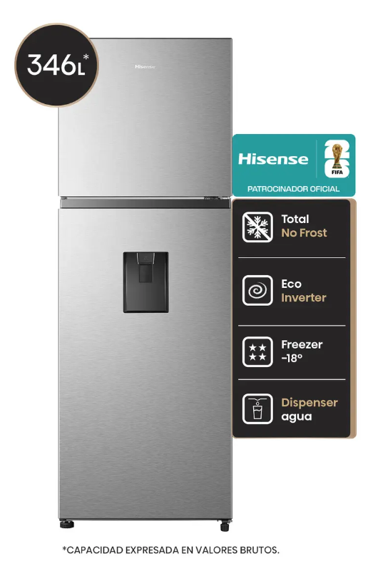 Heladera Hisense Inverter No Frost 346L con Dispenser de Agua RT3N320NMC