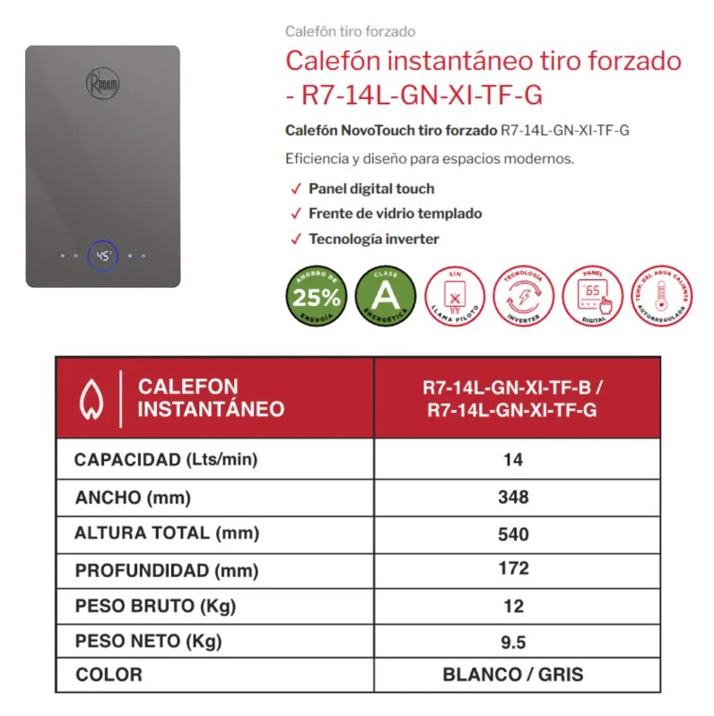 Calefón Rheem NovoTouch 14L Tiro Forzado Inverter Gris R7-14L-GN-XI-TF-G