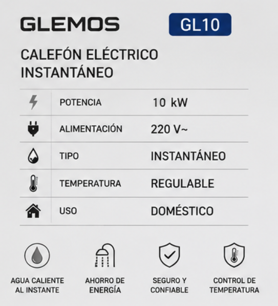 Calefón Eléctrico Instantáneo Glemos GL10 Blanco 8.5 kW GLEM003