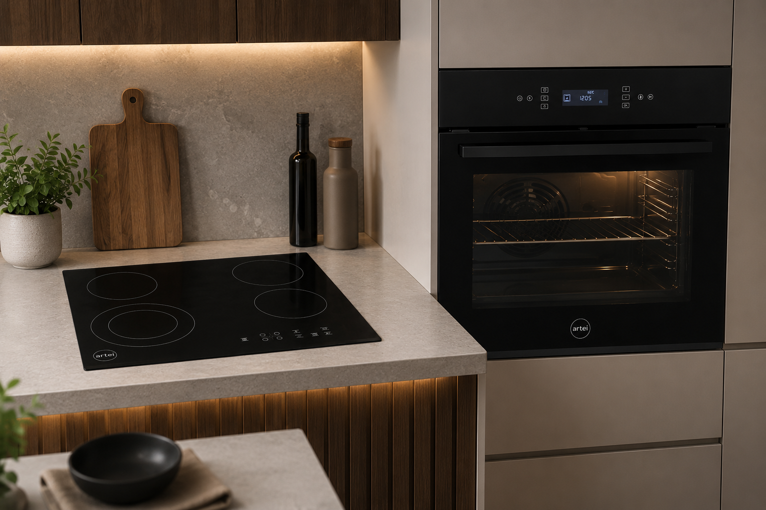 Combo Artei Niro Pirolítico Touch 67L + Anafe Vitrocerámico 4 Zonas Negro